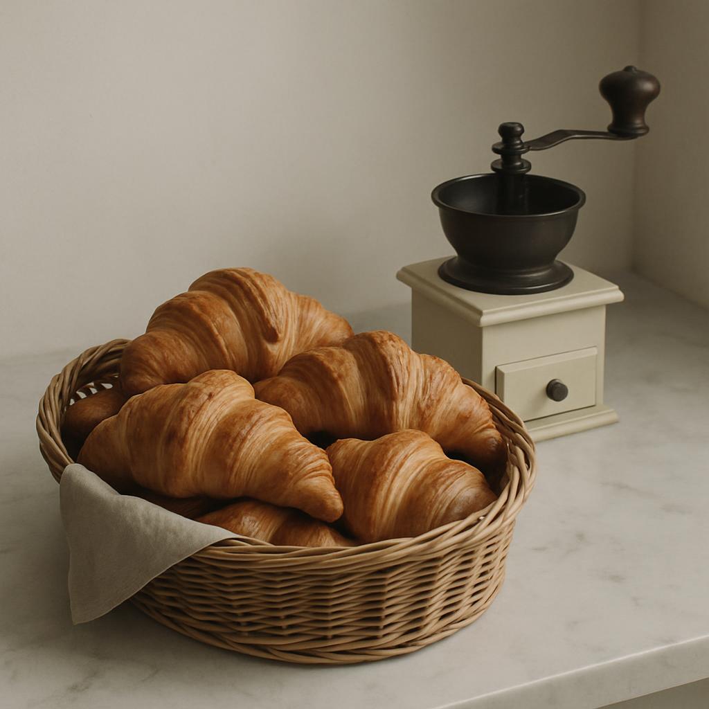 A wicker basket of croissants sits on a countertop, accompanied by a vintage coffee grinder with a drawer. The basket, mad...